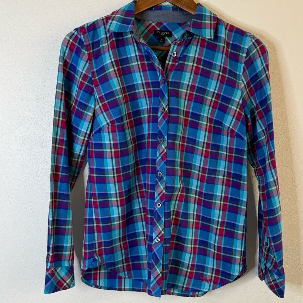 Talbots Petite Plaid Button Down Shirt Stretch Cotton Size P XS 0-2